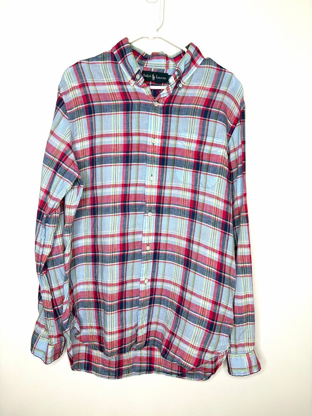 Ralph Lauren 100% Linen Plaid Button Down Shirt Sz L Beach Coastal Preppy